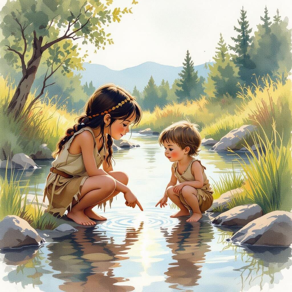 Una and Mika at the River Krapinčica

Use the same characters as in the reference image:
A young prehistoric girl named Una (6–7 years old) ...