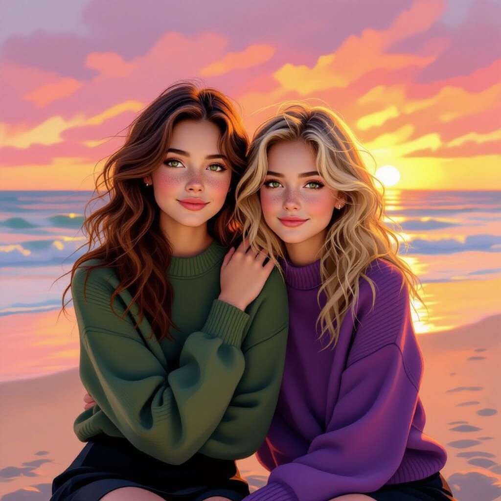 Sunset Beach Portrait of Two Friends in Oil Painting Style