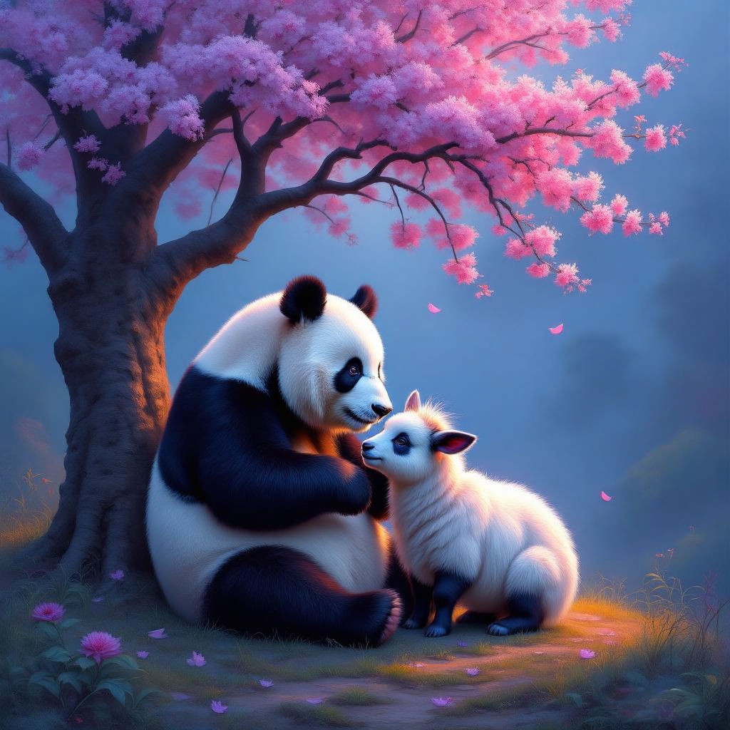 A Giant Panda sitting with a micro Yak