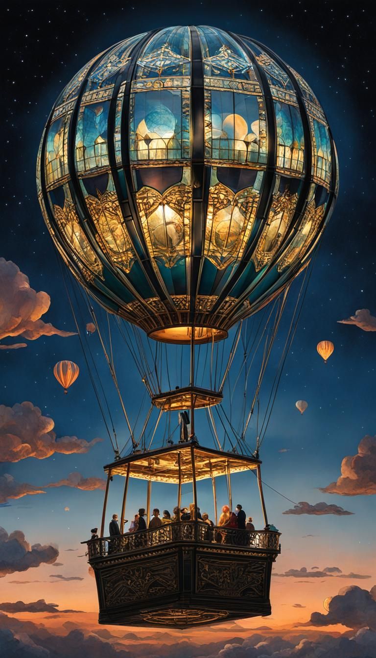 An illustration of an elaborate and ornate hot air balloon made of