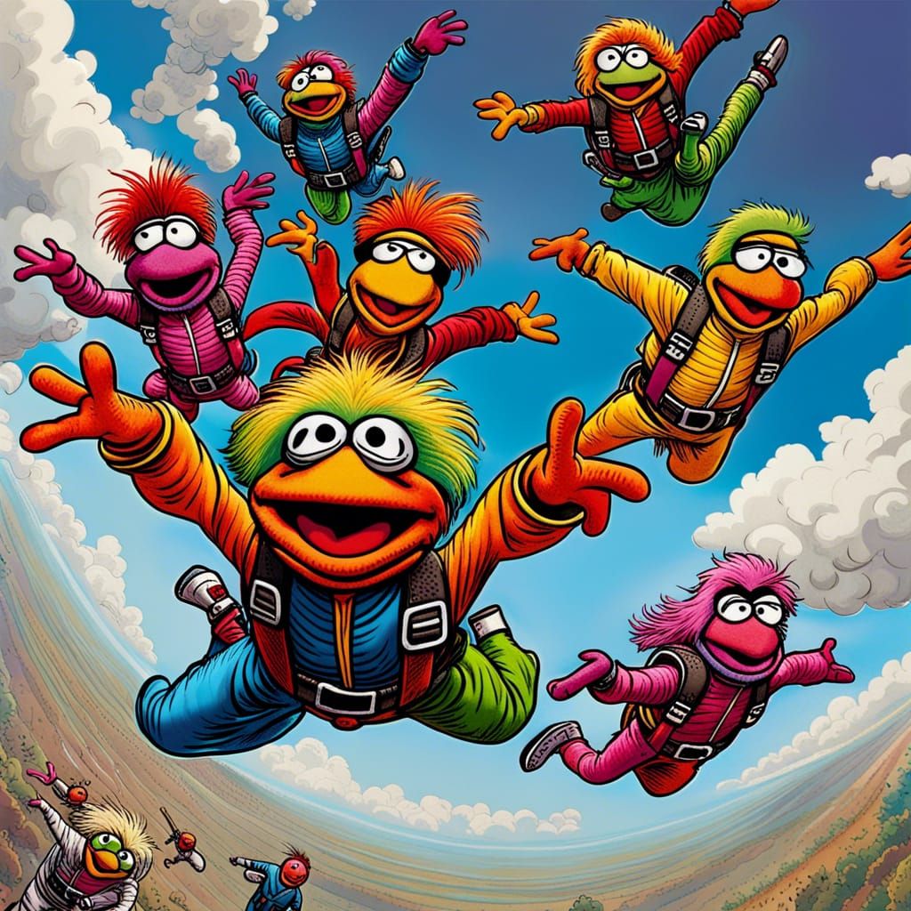 people skydiving in the formation of Gonzo from the Muppet Show. cartoonist , comic book art, perfect, absurdist art, br...