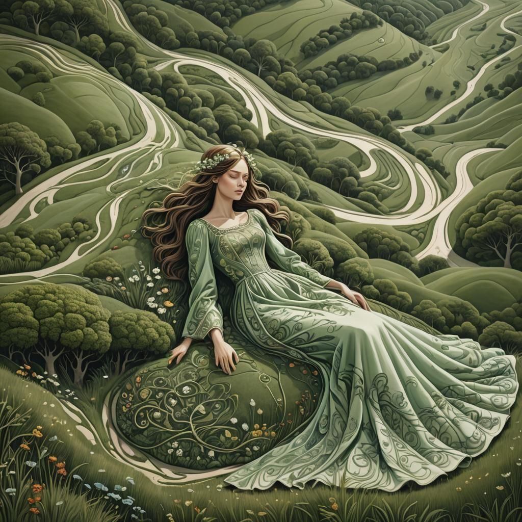 A surrealist concept art of a maiden lying down, her body merging with the landscape to form the fabric of her dress. The dress is made up o...