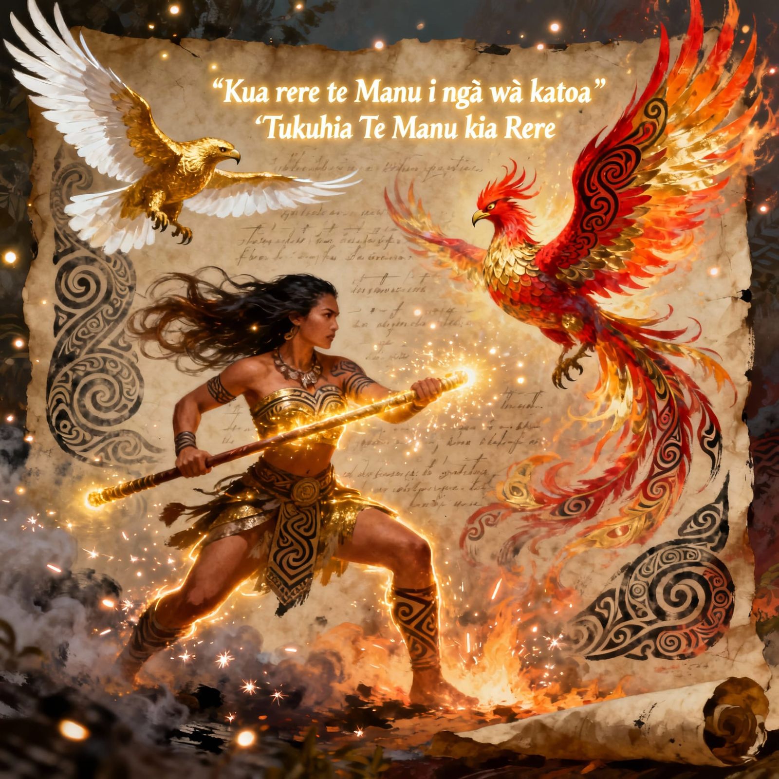 A powerful Māori female warrior in mid-battle stance, hair flowing in the wind, holding a taiaha glowing ...  by @Jo51eG