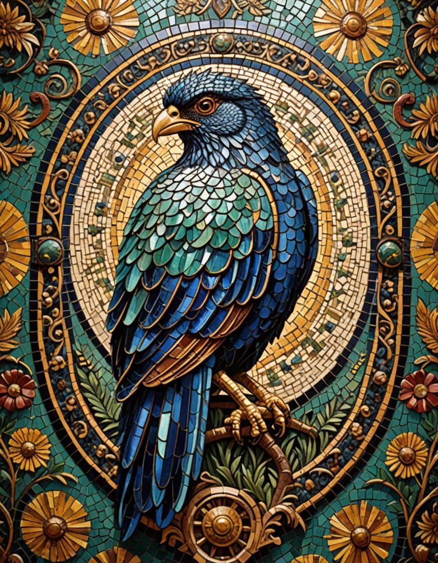 Mosaic of cockatrice on ancient mosaic wall  by @Prisoner-of-thoughts