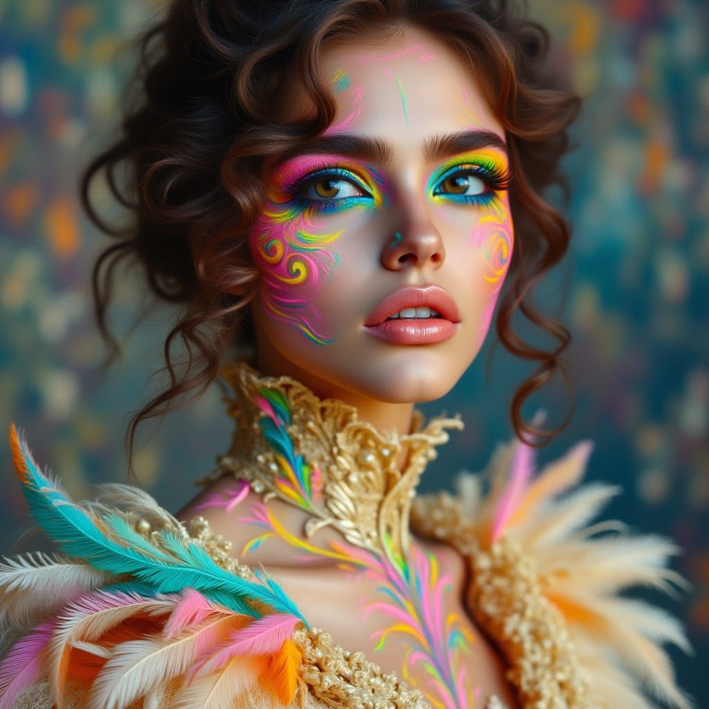 <lora:kak-Featherlychic:1.0>Woman with neon face, pastels, feathers, Victorian, Renaissance dress