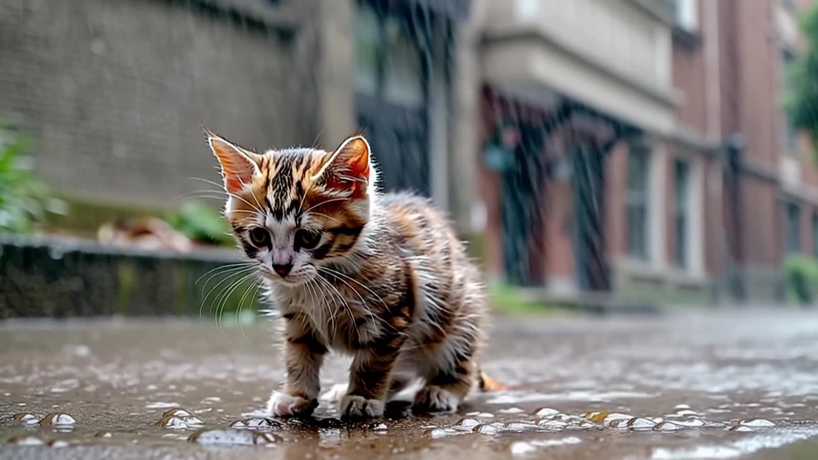A sad, crying kitten standing in the rain