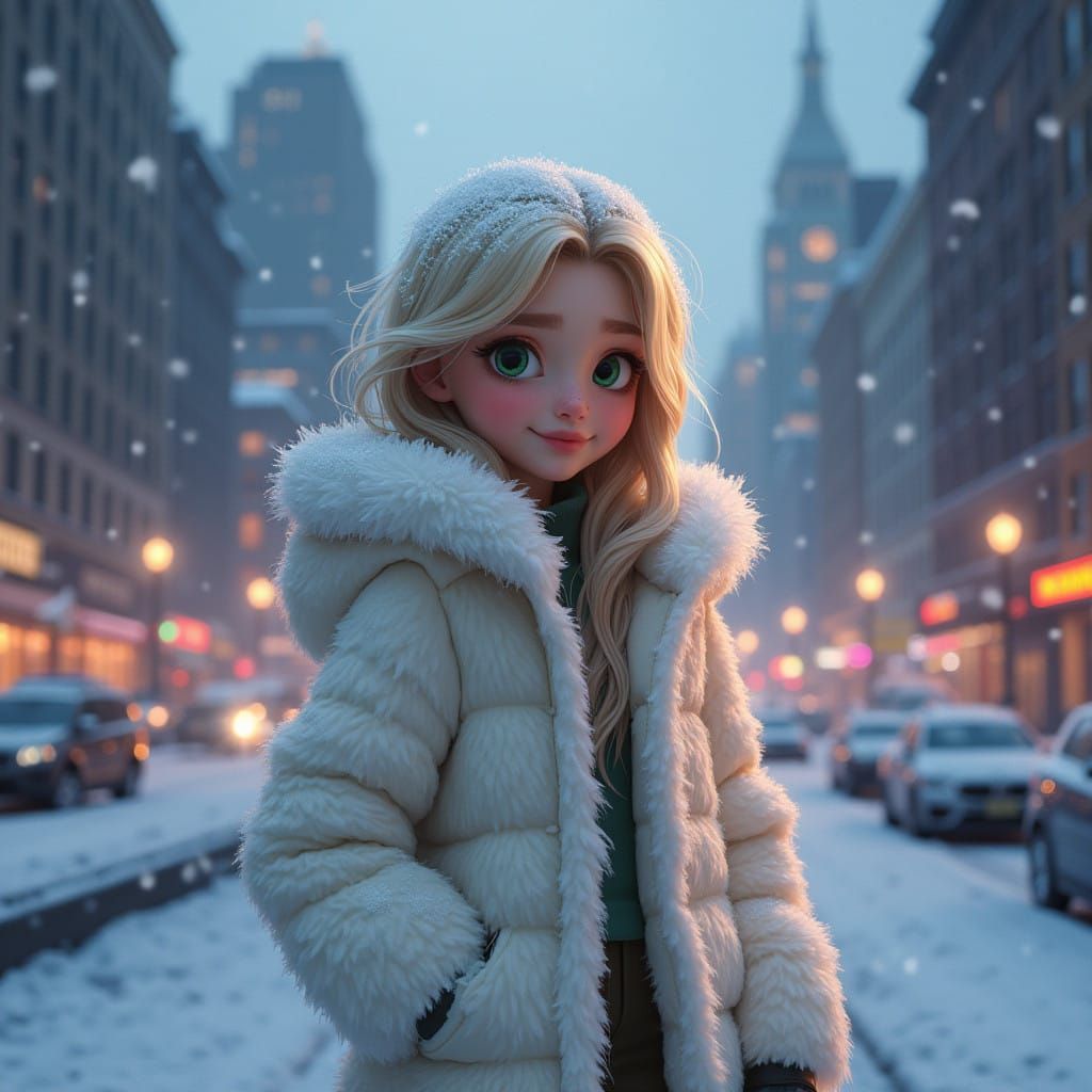 Disney-Inspired Teenage Girl in Snowy NYC at Dusk in Hyper-R...