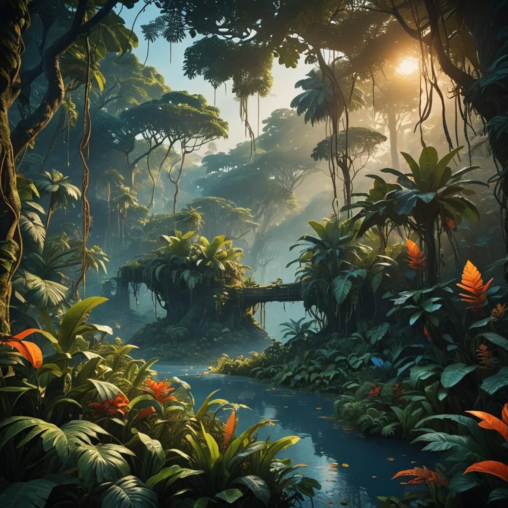 Exotic Jungle Landscape at Golden Hour, Fantasy Art