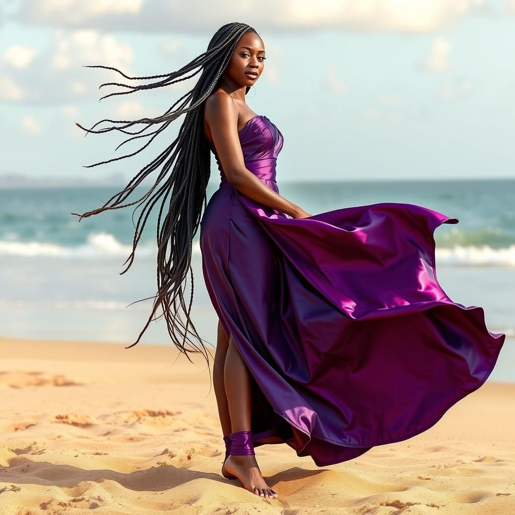 Purple dress blowing in the wind, feet in the sand