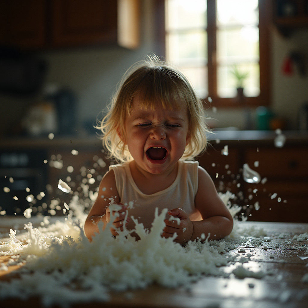 Frozen Moment of Despair in a Shattered Kitchen