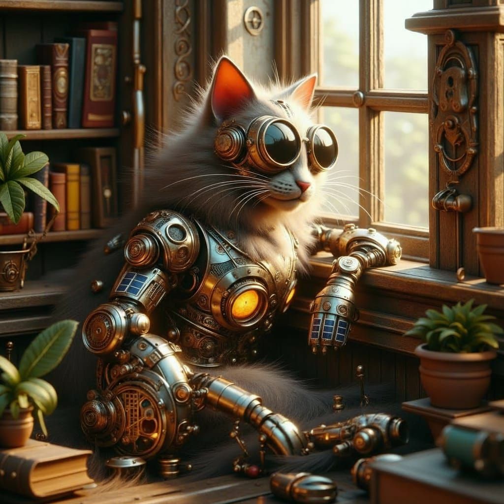 Charging 10%: In a sunny window of a comfortable library, a mechanical cat sleeps, a glowing solar panel between its ears <lora:Steampunk World:1.0> 