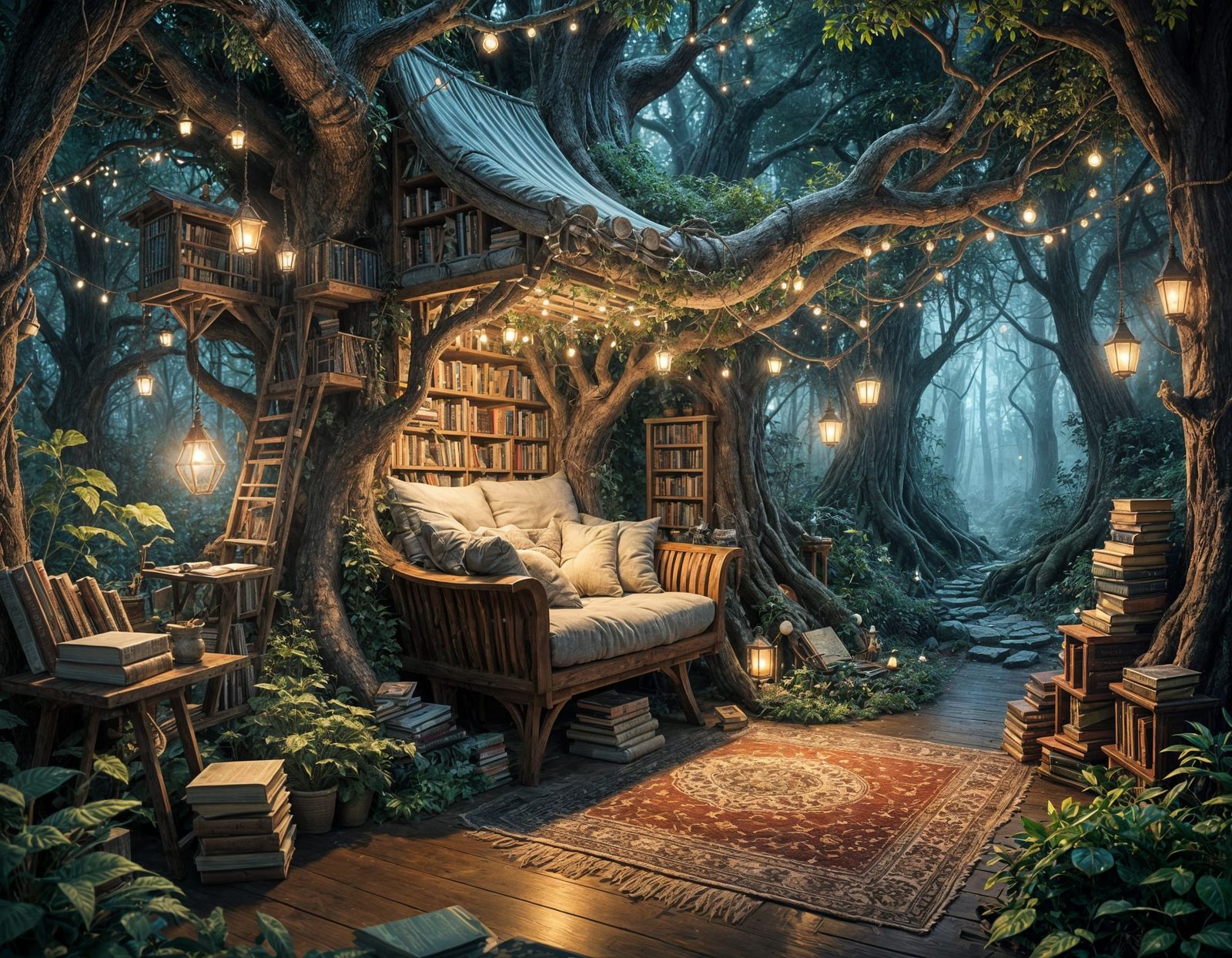 Cozy reading nook. A whimsical treehouse with a Library   by @Susan