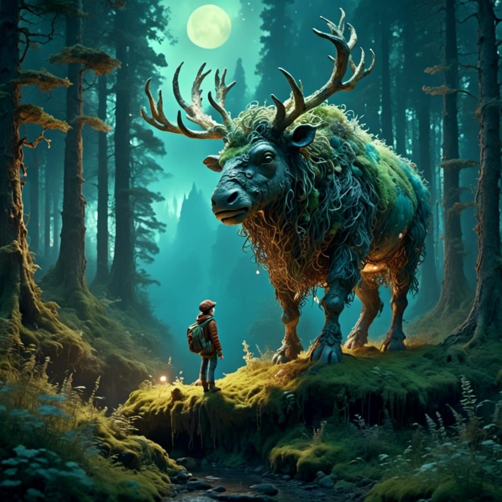  <lora:Yummies:1.0> A traveler standing at the edge of a forest at dusk