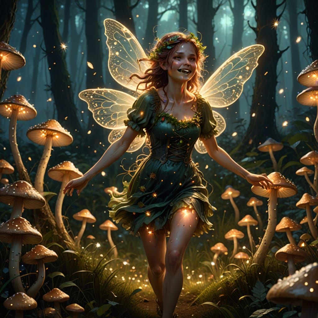 Realistic mesmerizing fae.Medium shot. A mischievous forest sprite dances through a field of luminous mushrooms, scattering sparkling dust i...