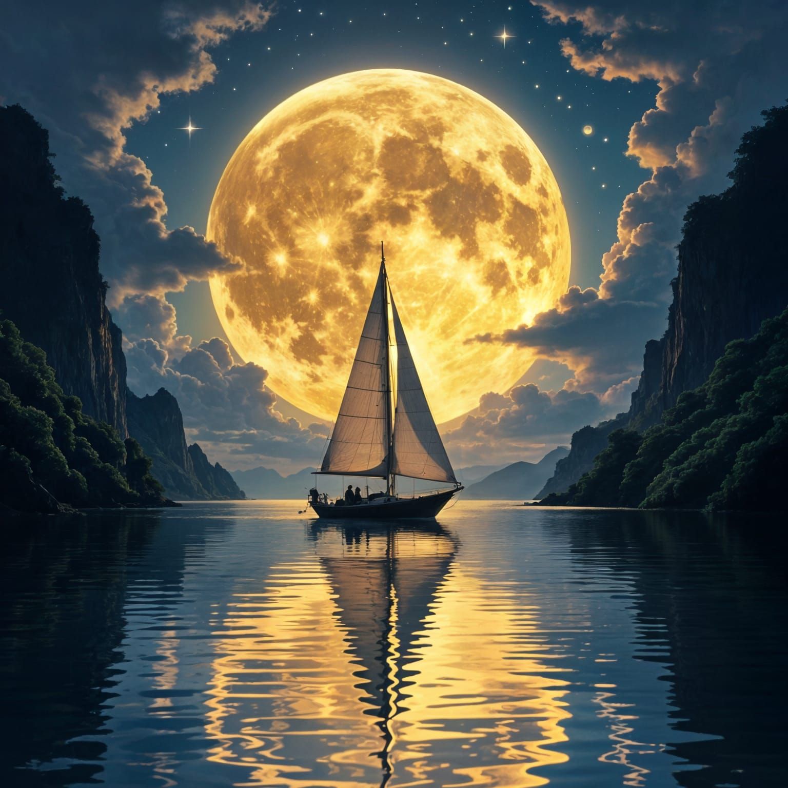 A magnificent, solitary sailboat with full sails centered on a tranquil, glassy lake or sheltered bay. ...  by @Barabashka