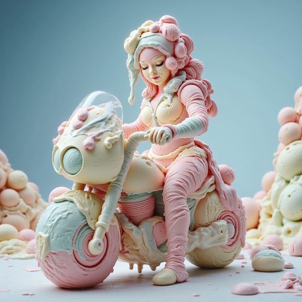  <lora:Ice Cream Flux:1.0> A woman made of ice cream riding on a motorcycle 