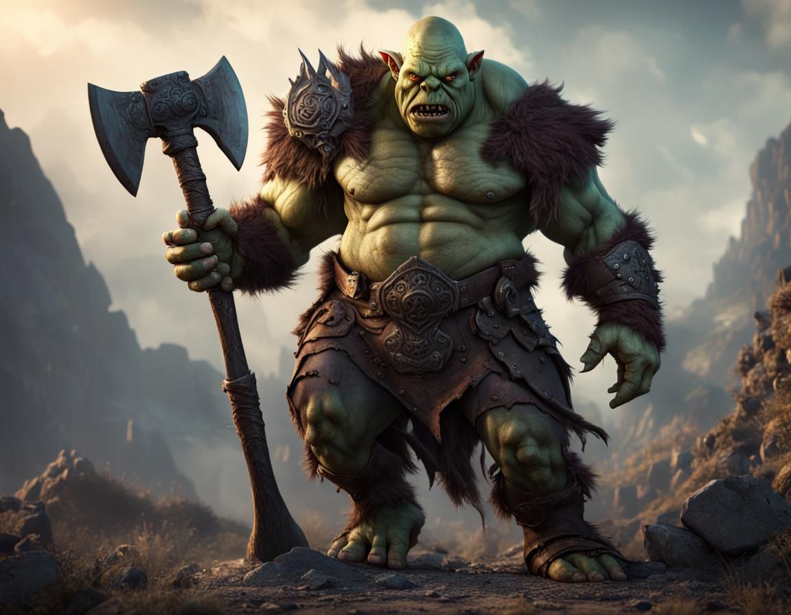 High fantasy, an ogre zombie, hulking brute, rough boarhide armour ...