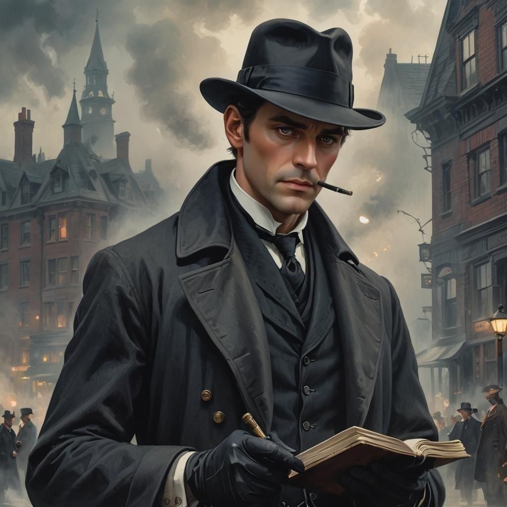 Cecil Hawthorne, the main character, is depicted in the foreground. He’s dressed in a classic Victorian detective outfit—dark overcoat, wais...