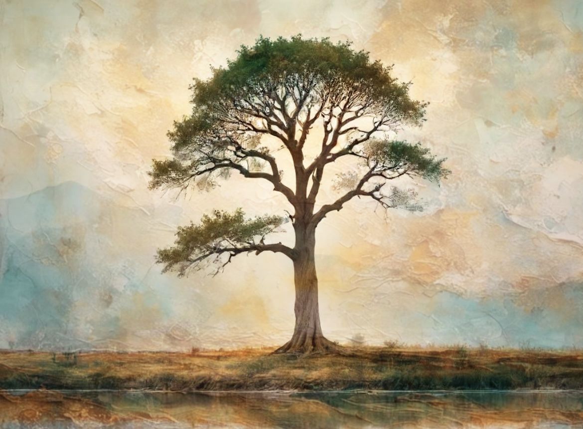 a solitary tree standing tall in a serene landscape
