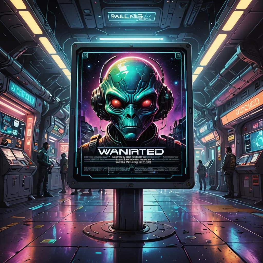 A intergalactic wanted posterhanging on a post office wall   by @undefined