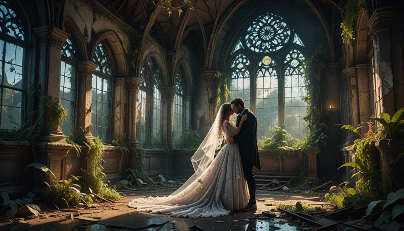 Apparitions of a Bride and Groom stand entwined, where echoes of vows linger like whispers of forgotten Dreams... Here, Love finds its Sanctuary amid the dust of the past, illuminating the shadows with a Promise of Forever.