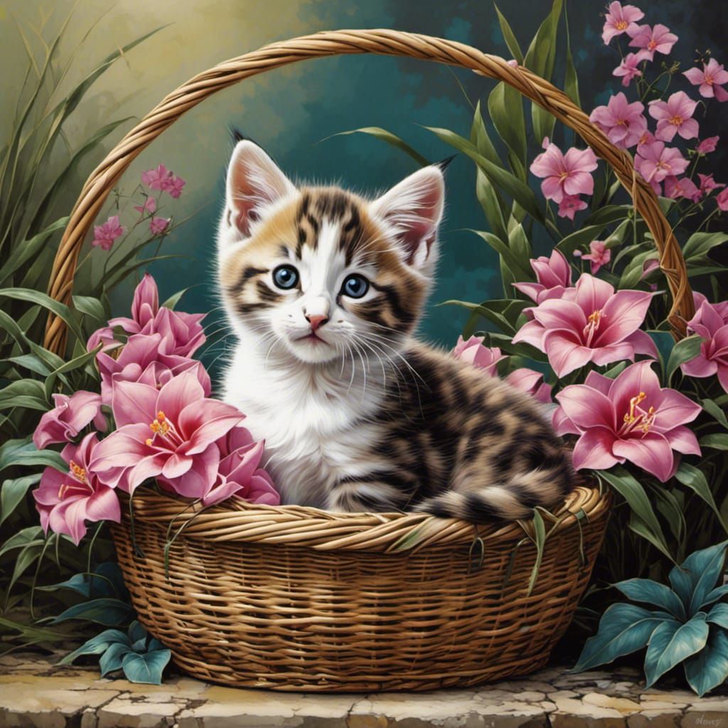 A cute kitten in a basket in a garden