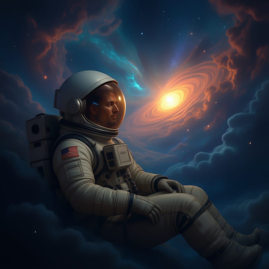 A lone astronaut adrift in a cosmic sea, surrounded by nebulae that swirl with the colors of a dying galaxy. The astronaut's visor reflects ...