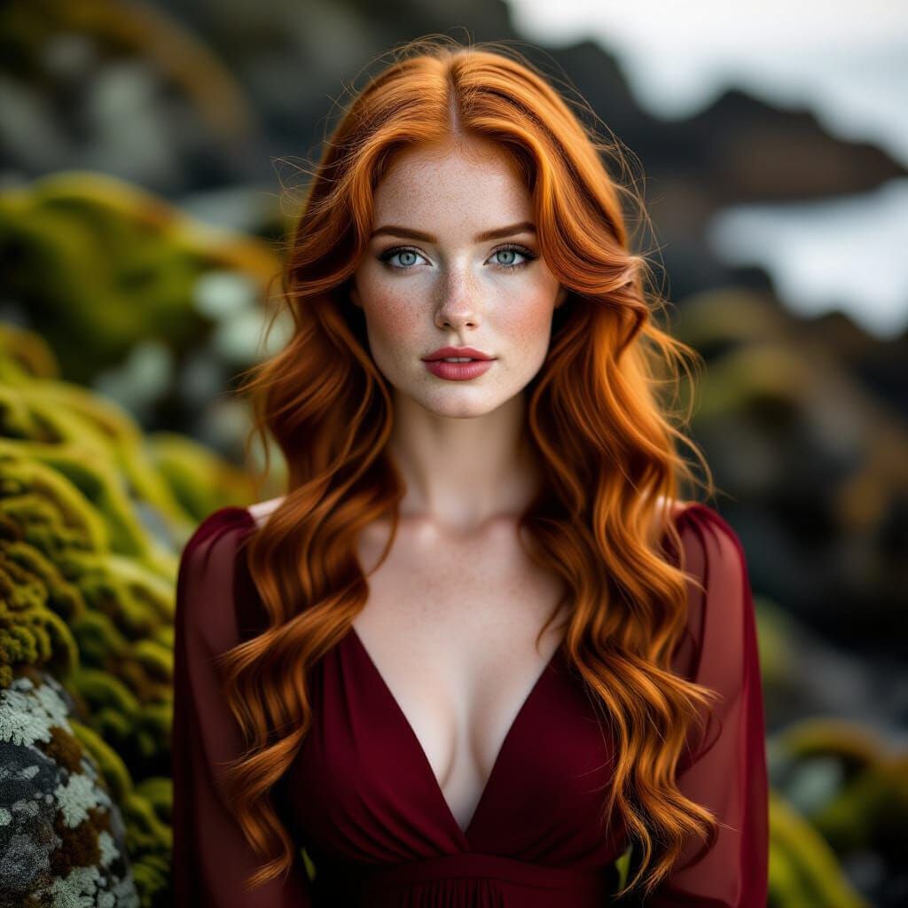 Photo portrait made on the rocks of a gorgeous red haired woman in red chiffon dress 
