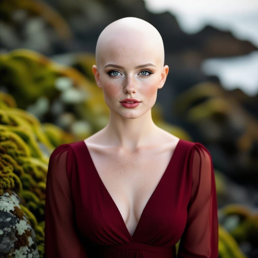 Photo portrait made on the rocks of a gorgeous bald woman in red chiffon dress 