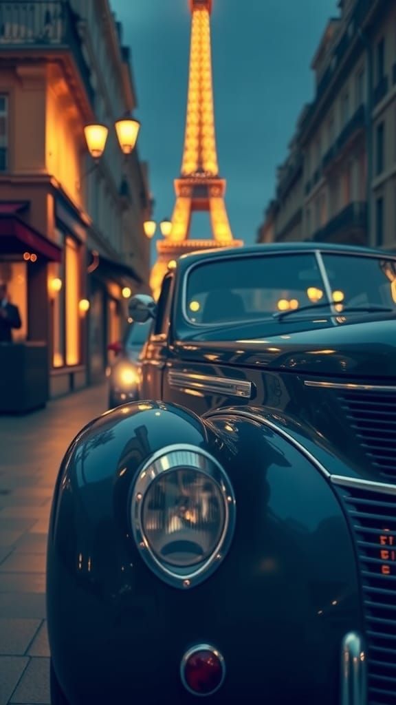 1940 sports car at night in Paris