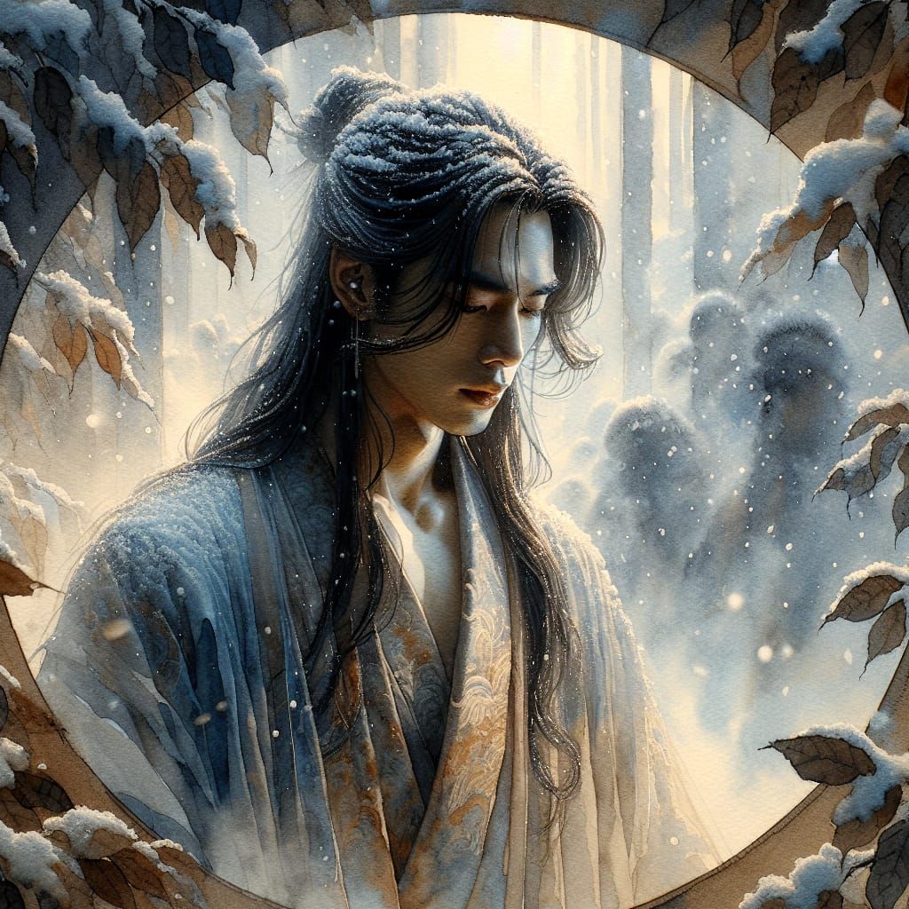 Sublime Young Man in Serene Snowy Isolation