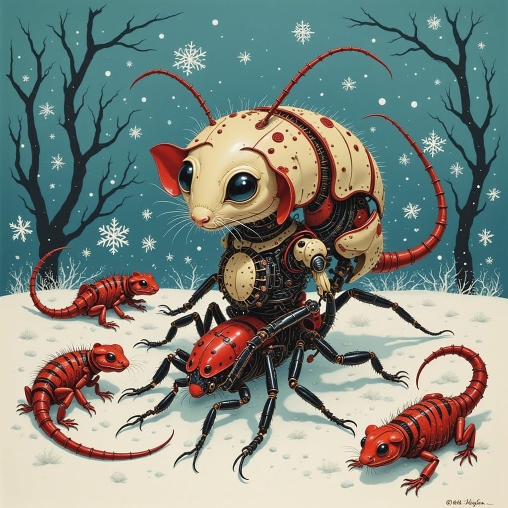 <lora:CHIMERA SAVAGE:1.0> Cute robot creature in the snow surrounded by snowflakes and red lizards 