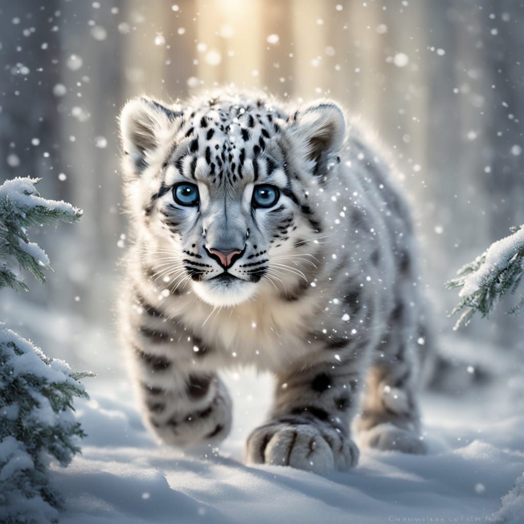 A fluffy baby snow leopard cub with big sparkling eyes joyfully running through the snow. Its fur is thick, soft, and covered with snowflake...