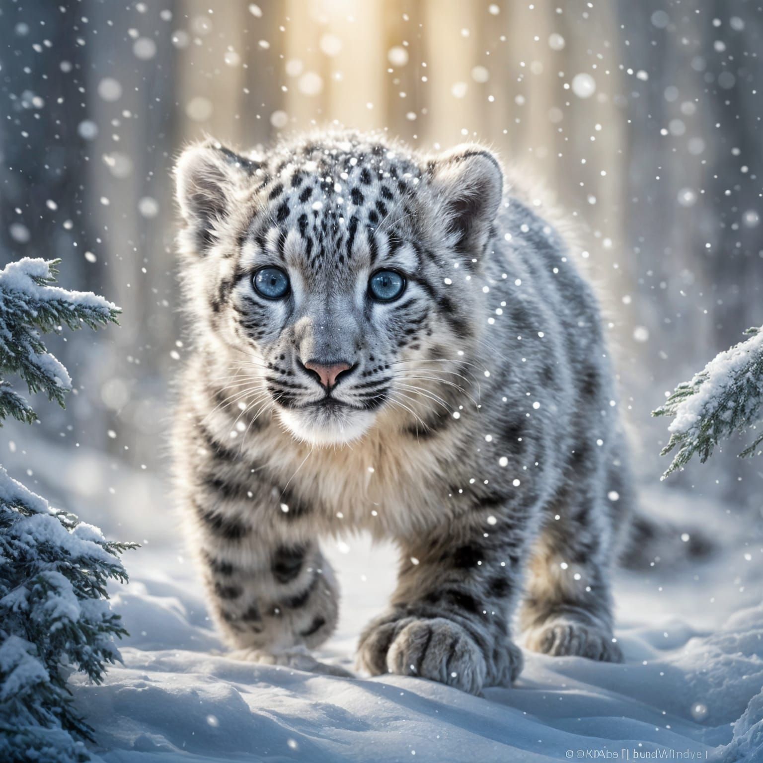 A fluffy baby snow leopard cub with big sparkling eyes joyfully running through the snow. Its fur is ...  by @Schoor
