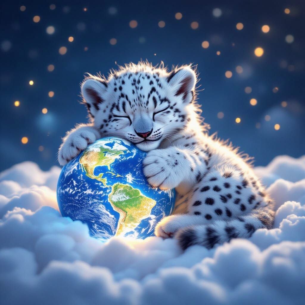 Snow Leopard Cub Hugging Earth in Dreamy Night