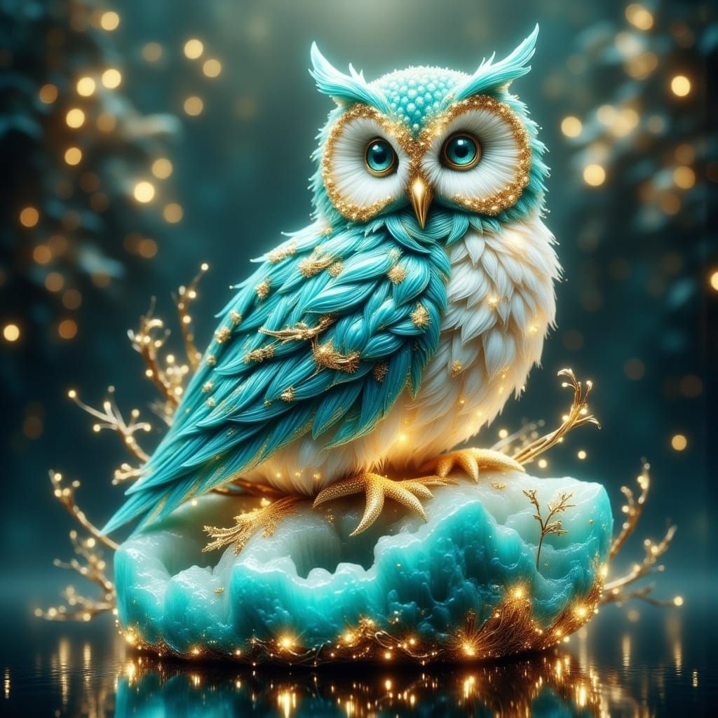 Ethereal Owl Perched on Aquamarine Geode in Art Nouveau Styl...