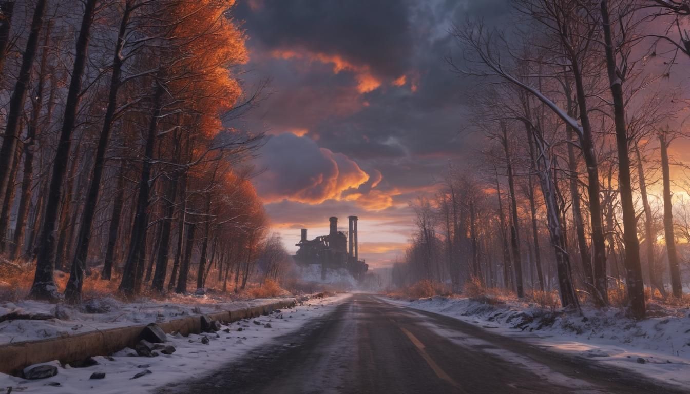 Luminous Industrial Ruins in a Sunset Splendor