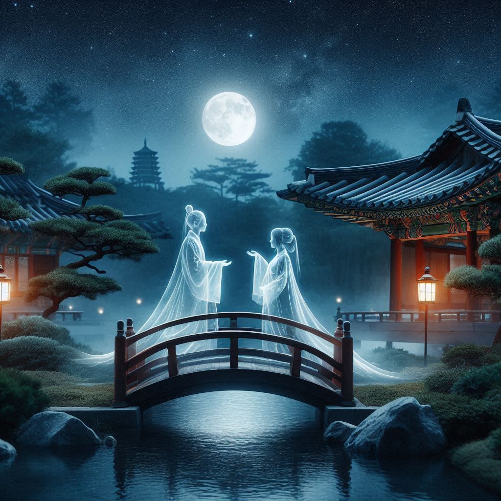 Two transparent ghostly figures meeting at night on a wooden bridge over a river in a garden, with a full moon and starry sky in the background: a Korean court lady and a Korean warrior