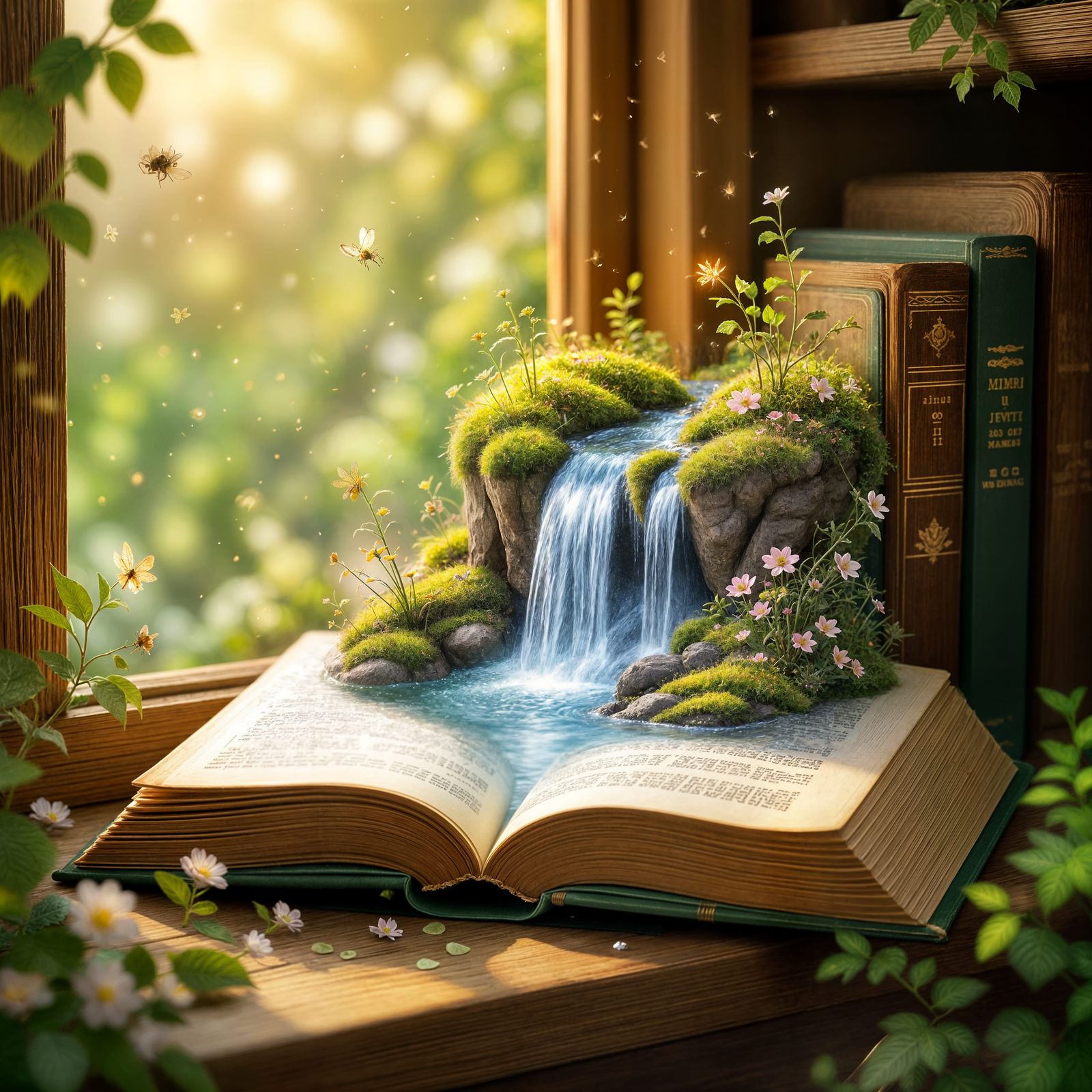 An open book sits on a shelf, with a  miniature waterfall flowing from its pages.  by @Myrsini Sougioultzi