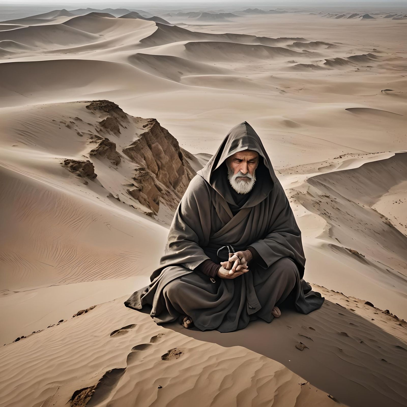 desertmonk with hood sitting in the desert - AI Generated Artwork ...