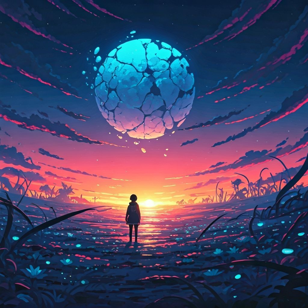 Lone Figure on Alien Planet Gazing at Shattered Moon