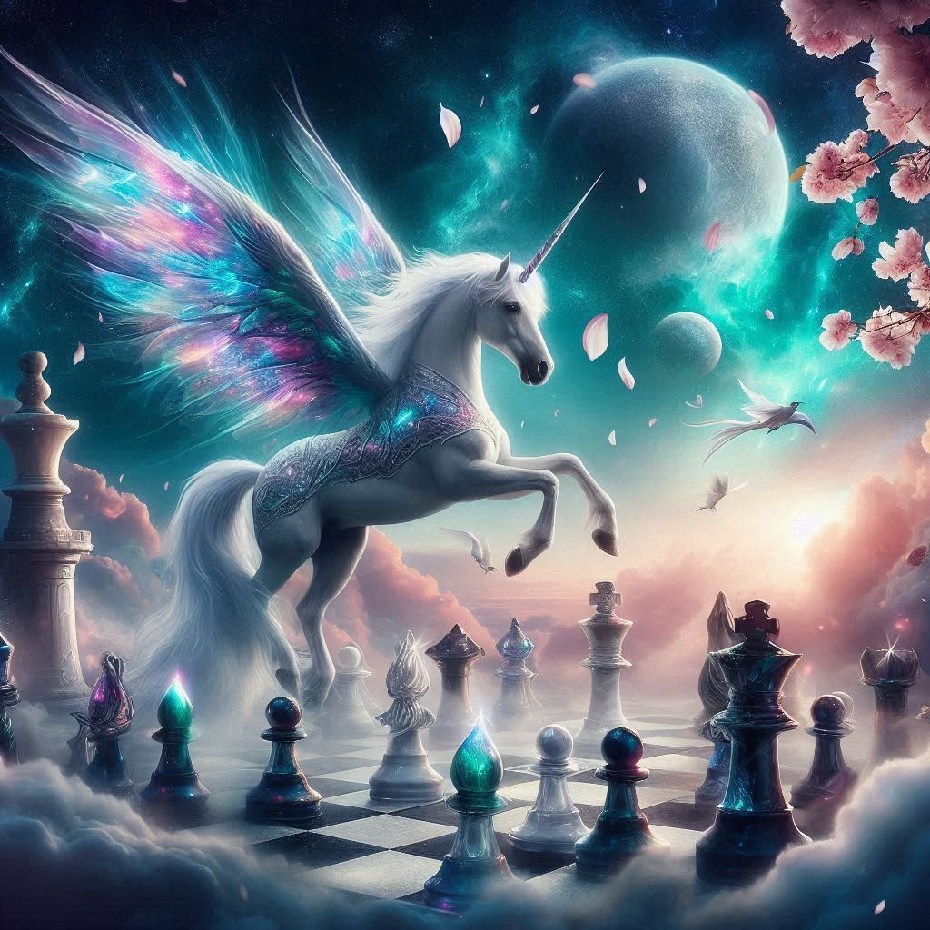 Winged Unicorn in a fantasy Chess Realm