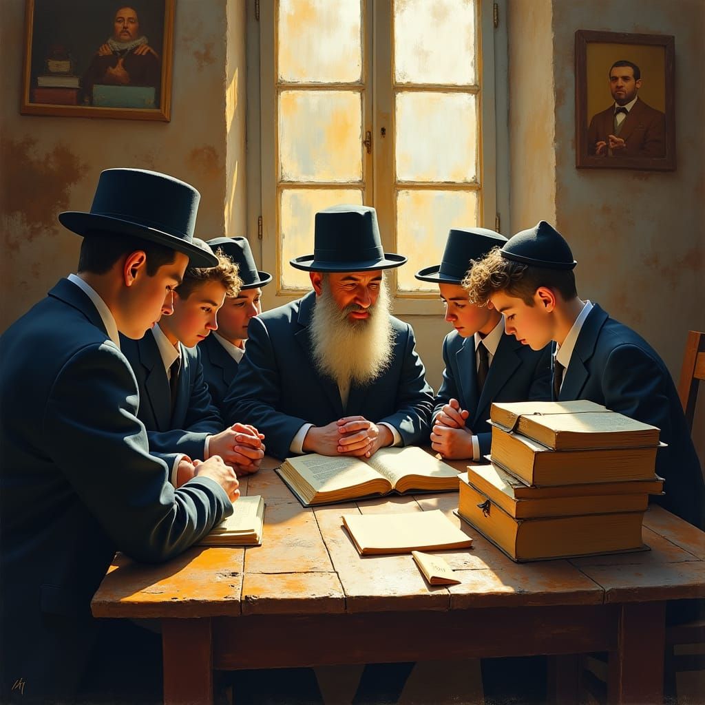 Orthodox Boys Study Torah in a Traditional Study, Guided by...