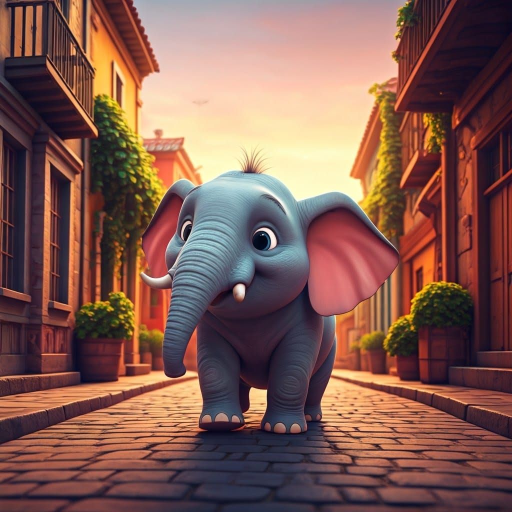 Vibrant 3D Elephant Strolls Down Charming Street in Colorful...