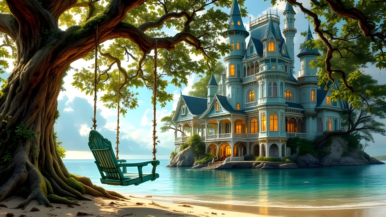 A turquoise wooden swing from a large branch hangs over the water next to victorian castle  by @Heidi25