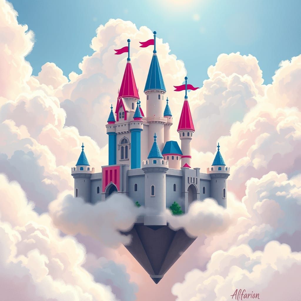 Floating Lego Castle in Pink and Blue Clouds