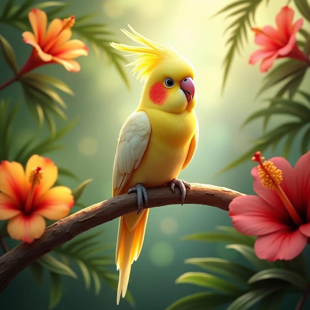 A darling cockatiel sitting on a branch, she is mostly yellow, the trees are tropical palms, she is by ...  by @WS