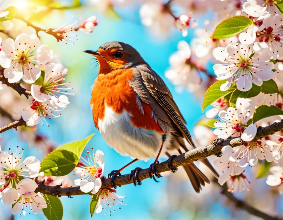 A Robin bird sitting on a branch with blooming flowers  by @Karolinak _8