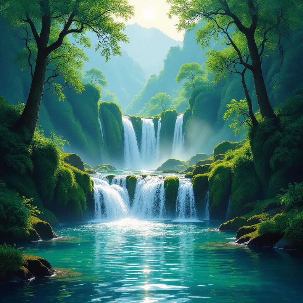 Serene River Waterfalls Down Lush Mountainside