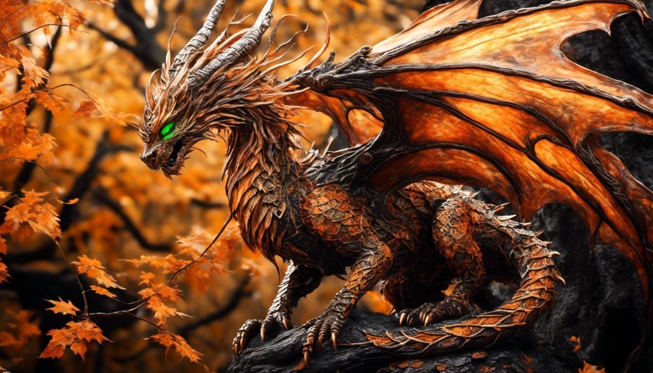 <lora:Sun0fKor:1.0> dragon of autumn. Orange, gold and black scales. Intricate gossamer wings. Long coiling and snaking tail. Four legs with...